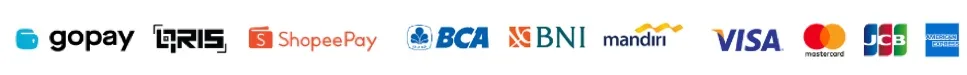 GoPay, QRIS, ShopeePay, BCA, BNI, Mandiri, Visa, Mastercard, JCB, dan American Express